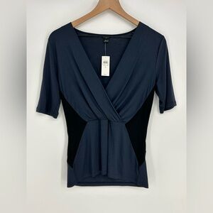 Ann Taylor Navy and Black Surplice Draped Blouse